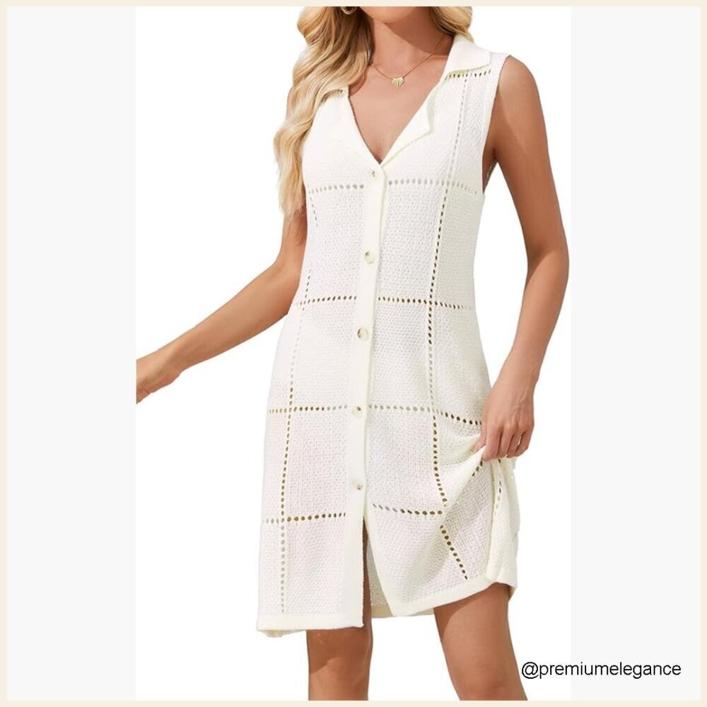 Crochet Cover Up Dress Sleeveless Boho Beachwear Knit Sweater Shirt